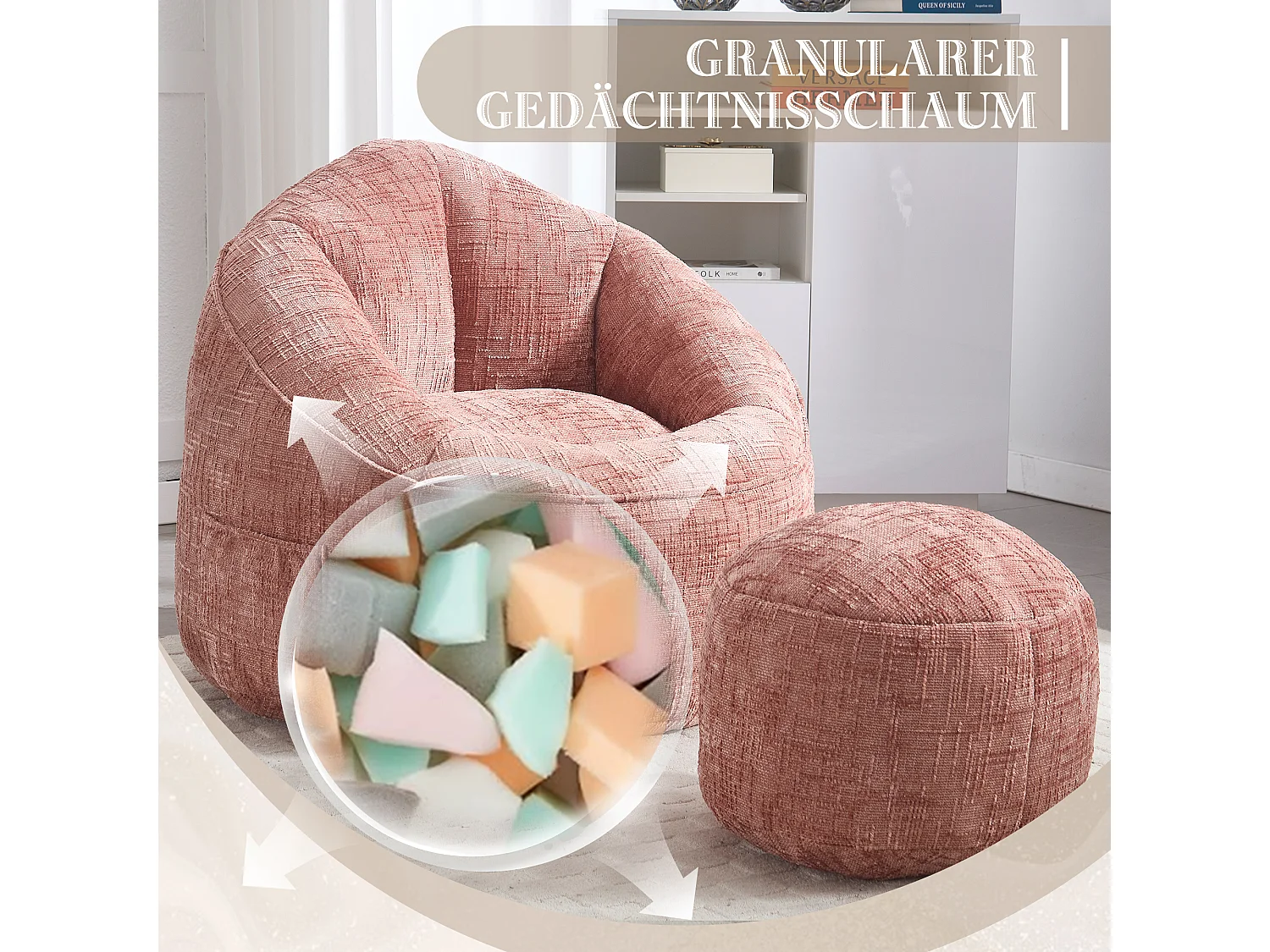 Pouf poire velours chenille rose - ultra confortable – repose‑pieds inclus – poches latérales – parfait pour salon et chambre