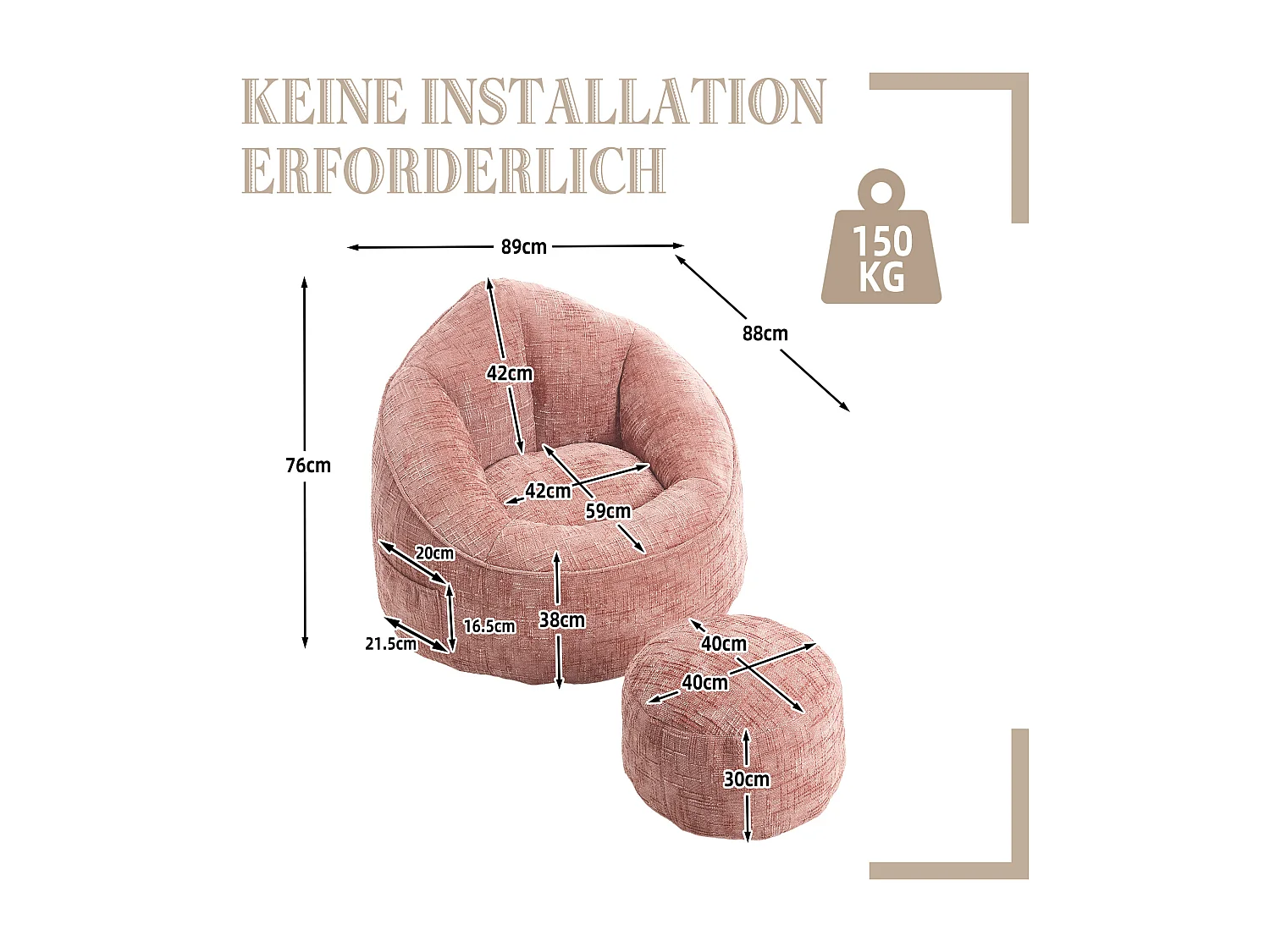 Pouf poire velours chenille rose - ultra confortable – repose‑pieds inclus – poches latérales – parfait pour salon et chambre