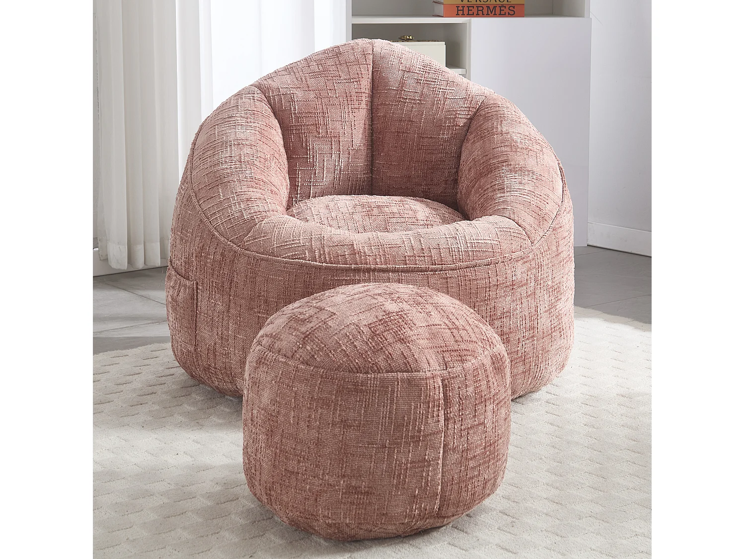 Pouf poire velours chenille rose - ultra confortable – repose‑pieds inclus – poches latérales – parfait pour salon et chambre