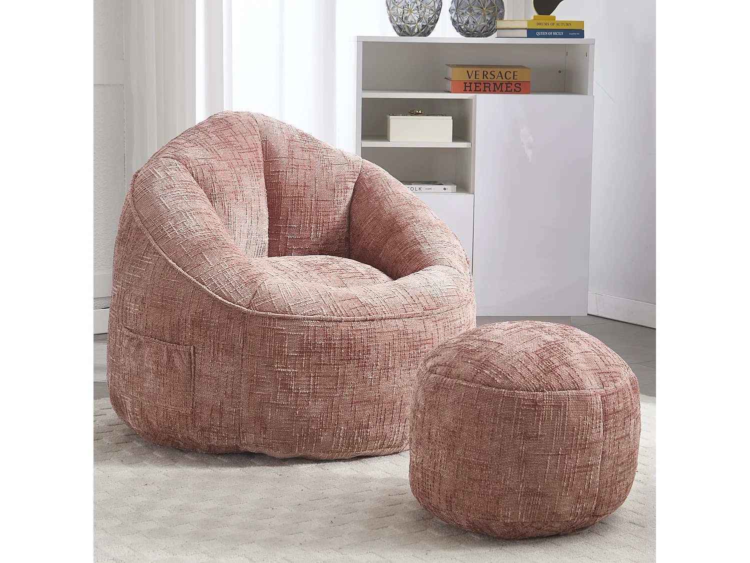 Pouf poire velours chenille rose - ultra confortable – repose‑pieds inclus – poches latérales – parfait pour salon et chambre
