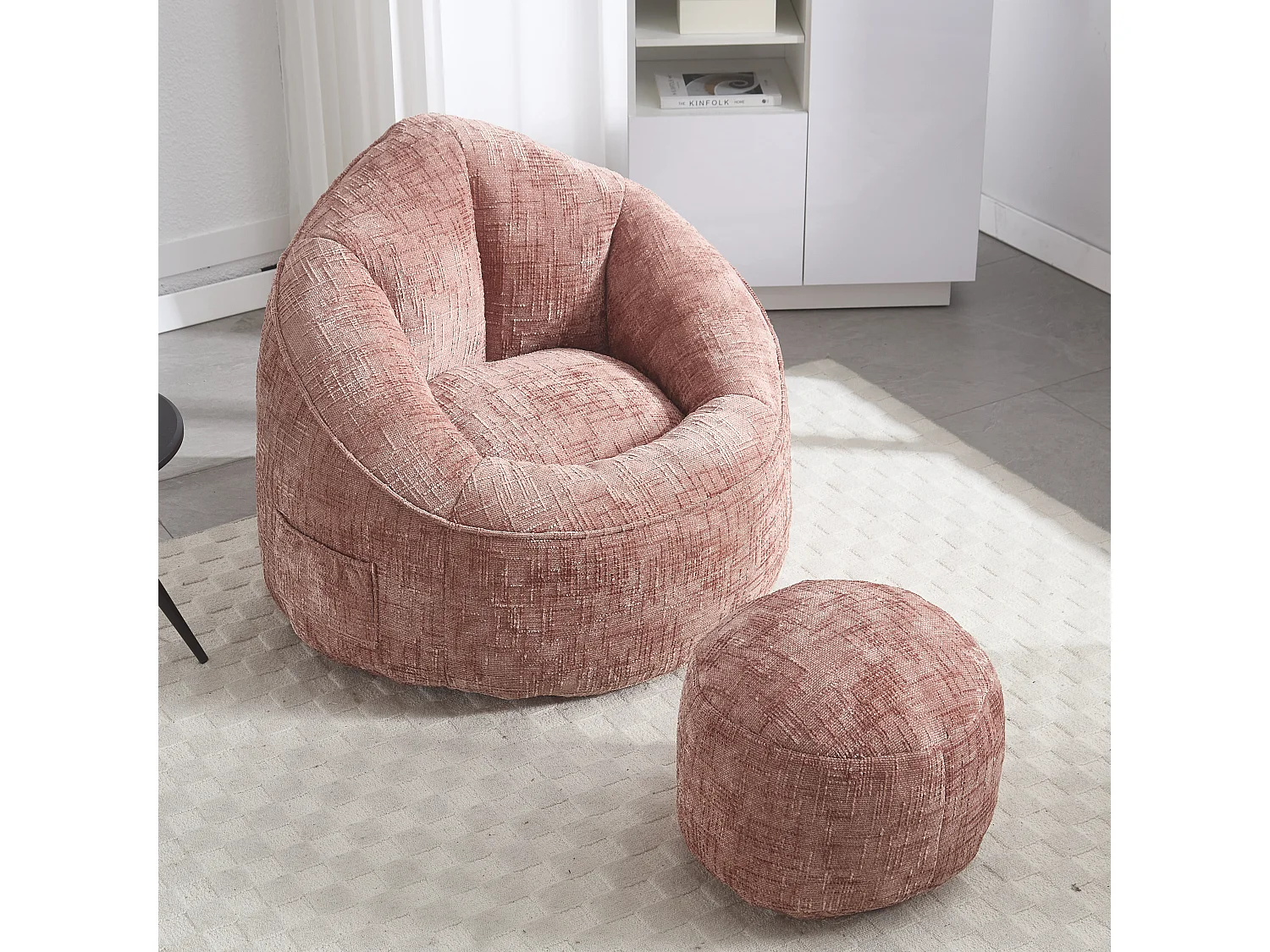 Pouf poire velours chenille rose - ultra confortable – repose‑pieds inclus – poches latérales – parfait pour salon et chambre