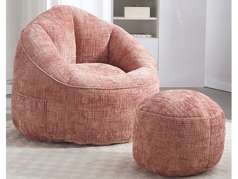 Pouf poire velours chenille rose - ultra confortable – repose‑pieds inclus – poches latérales – parfait pour salon et chambre