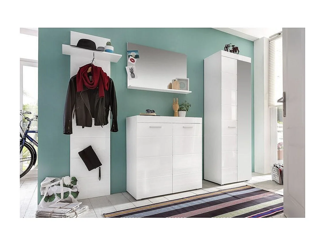 Ensemble meuble d'entrée avec miroir 4 pièces blanc brillant Kelia