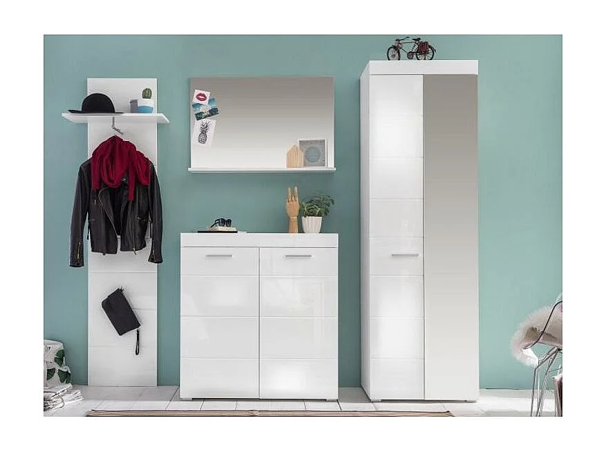 Ensemble meuble d'entrée avec miroir 4 pièces blanc brillant Kelia
