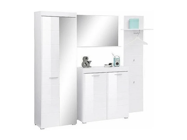 Ensemble meuble d'entrée avec miroir 4 pièces blanc brillant Kelia