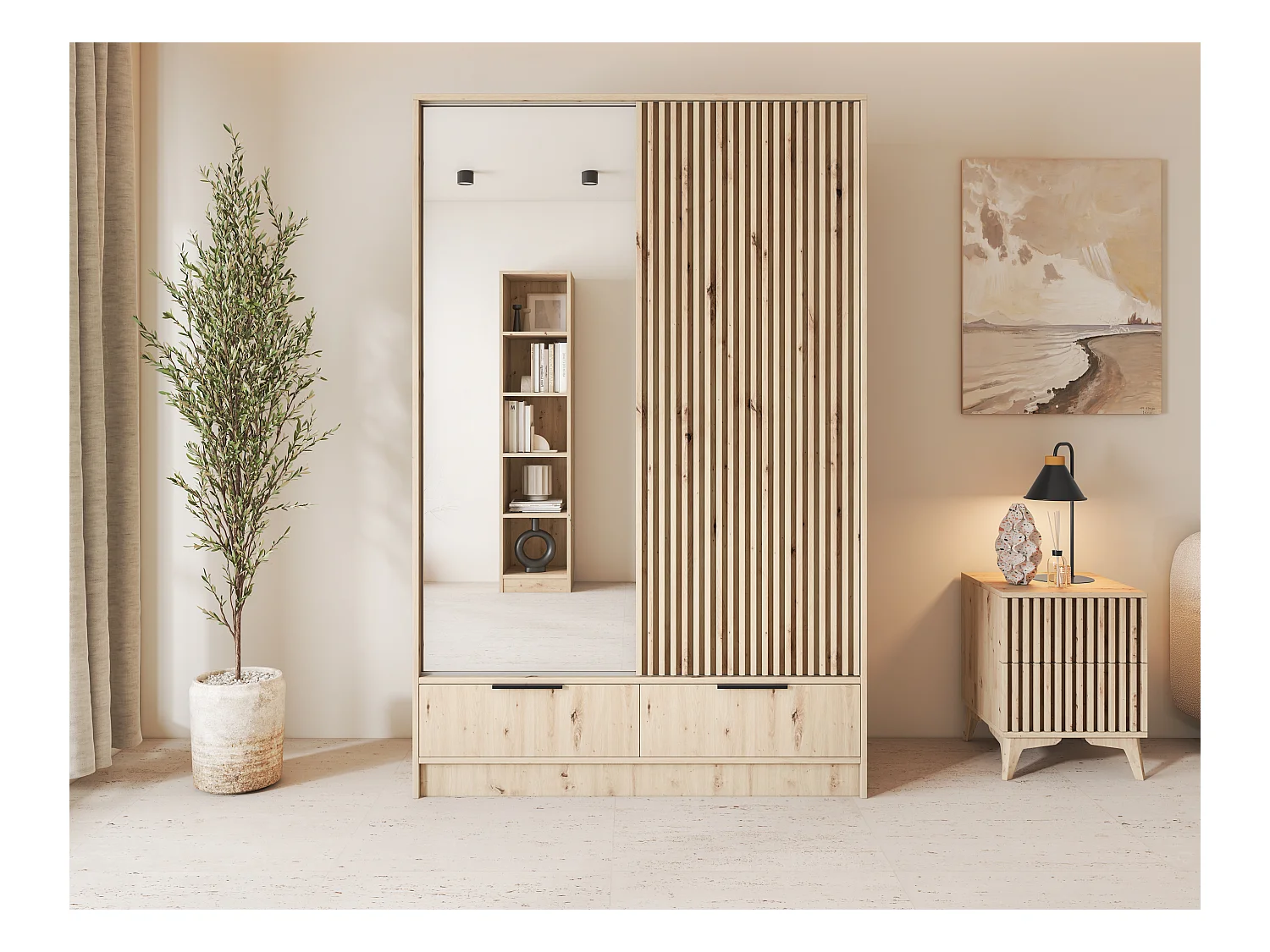 Armoire chambre adulte ASTORIA 120cm chêne artisan et miroir