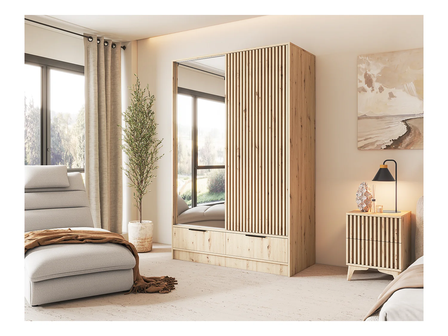 Armoire chambre adulte ASTORIA 120cm chêne artisan et miroir