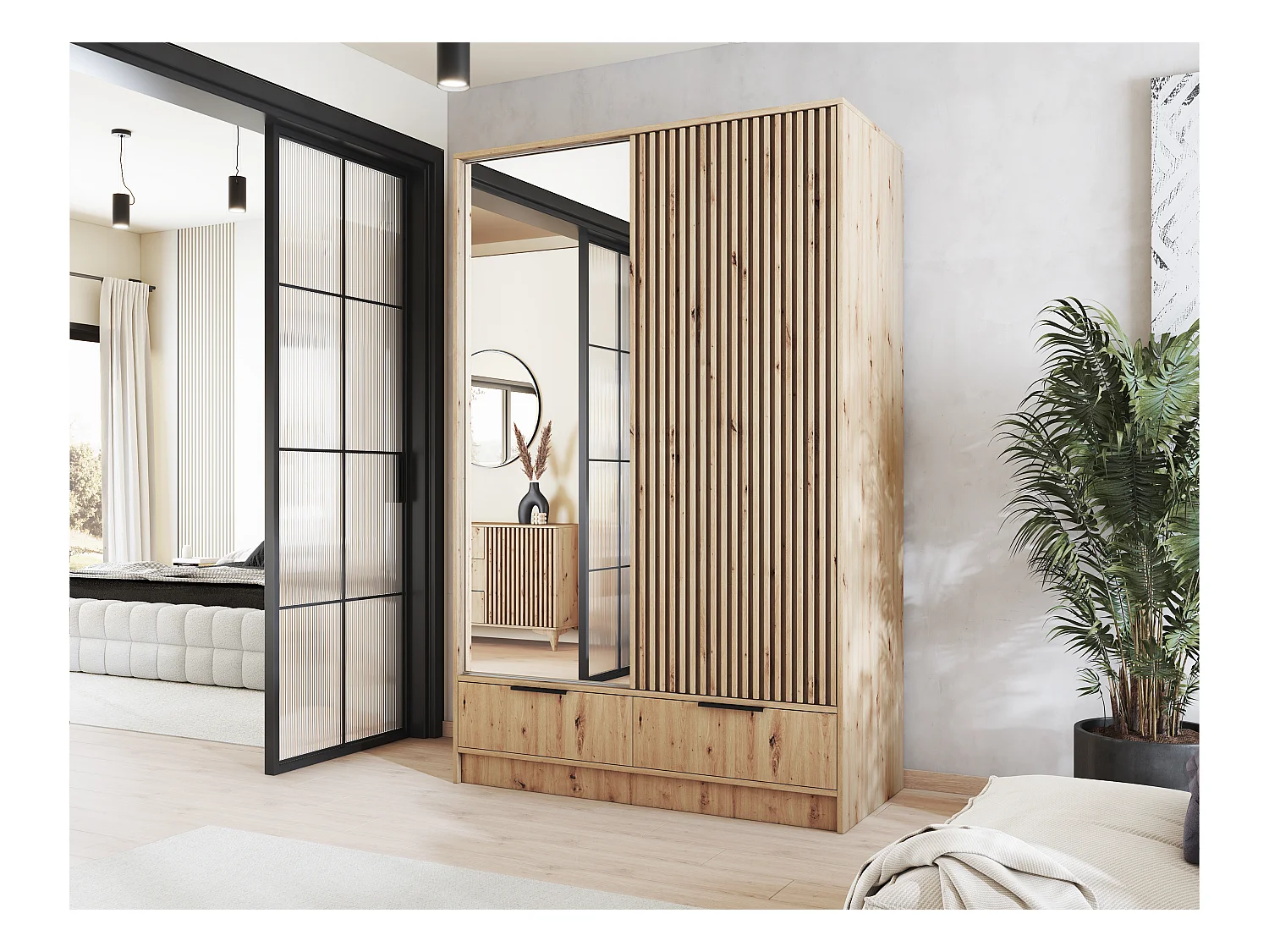 Armoire chambre adulte ASTORIA 120cm chêne artisan et miroir