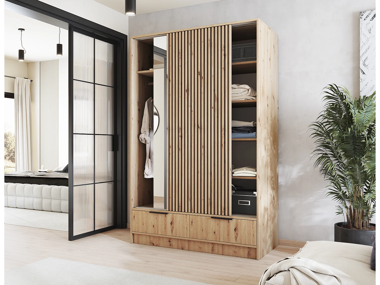 Armoire chambre adulte ASTORIA 120cm chêne artisan et miroir