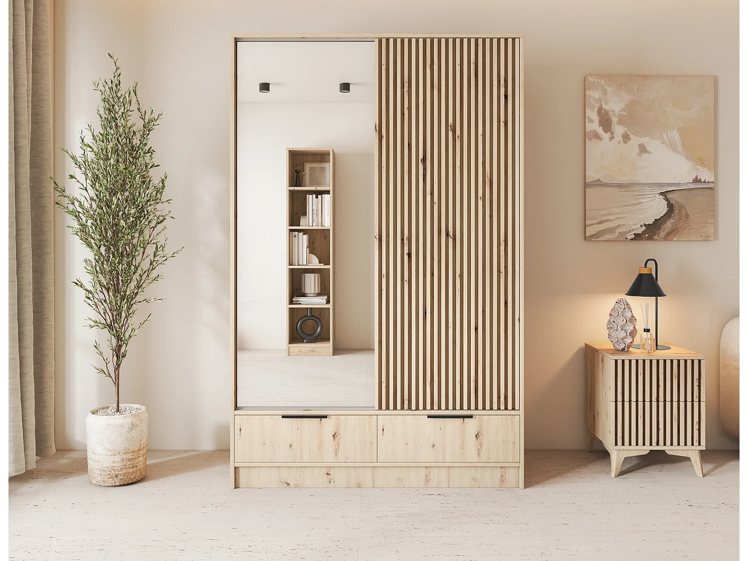 Armoire chambre adulte ASTORIA 120cm chêne artisan et miroir