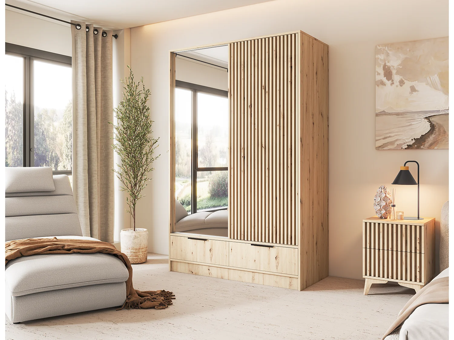 Armoire chambre adulte ASTORIA 120cm chêne artisan et miroir