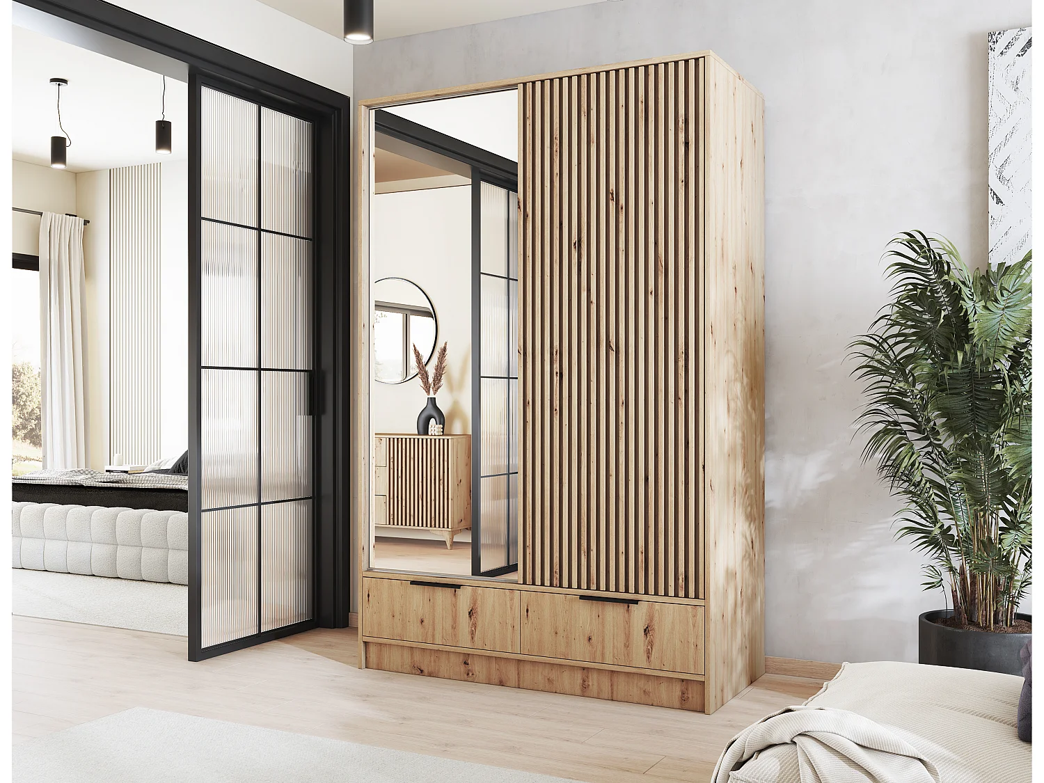 Armoire chambre adulte ASTORIA 120cm chêne artisan et miroir