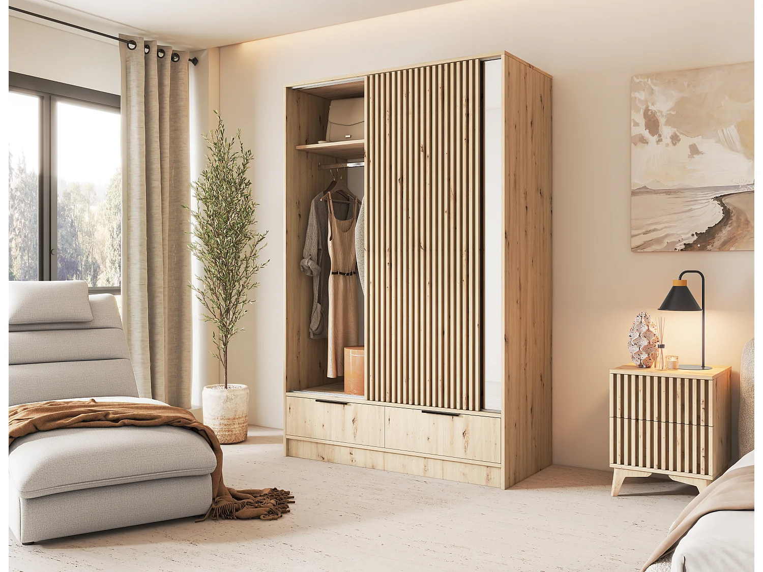 Armoire chambre adulte ASTORIA 120cm chêne artisan et miroir