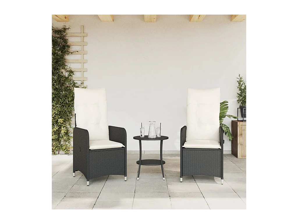 Chaises inclinables de jardin lot de 2 et coussins noir rotin