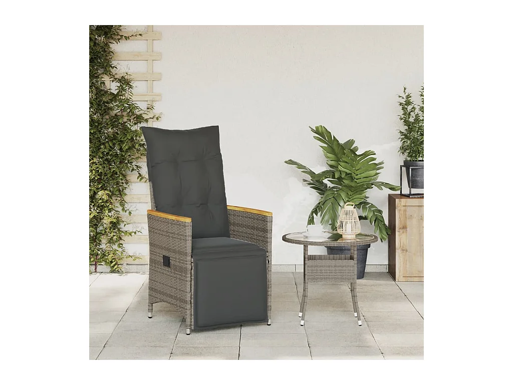 Sedia da giardino reclinabile con cuscini in vimini di resina grigia