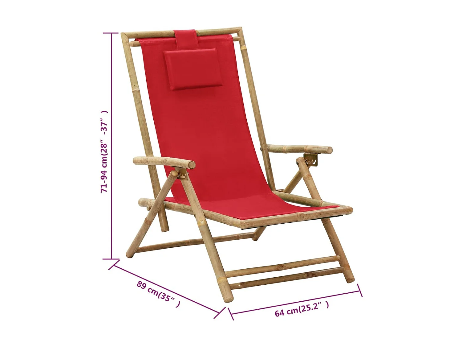 Chaise de relaxation inclinable Rouge Bambou et tissu