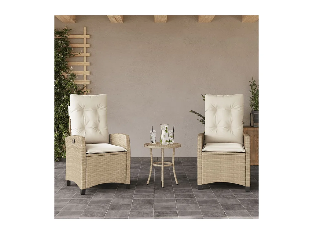 Chaises inclinables de jardin lot de 2 et coussins beige rotin