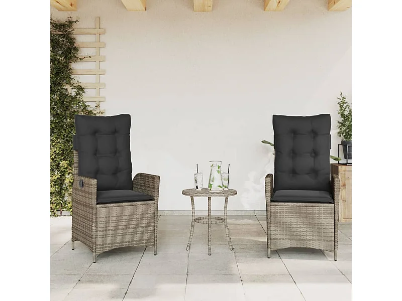 Chaises inclinables de jardin lot de 2 et coussins gris rotin