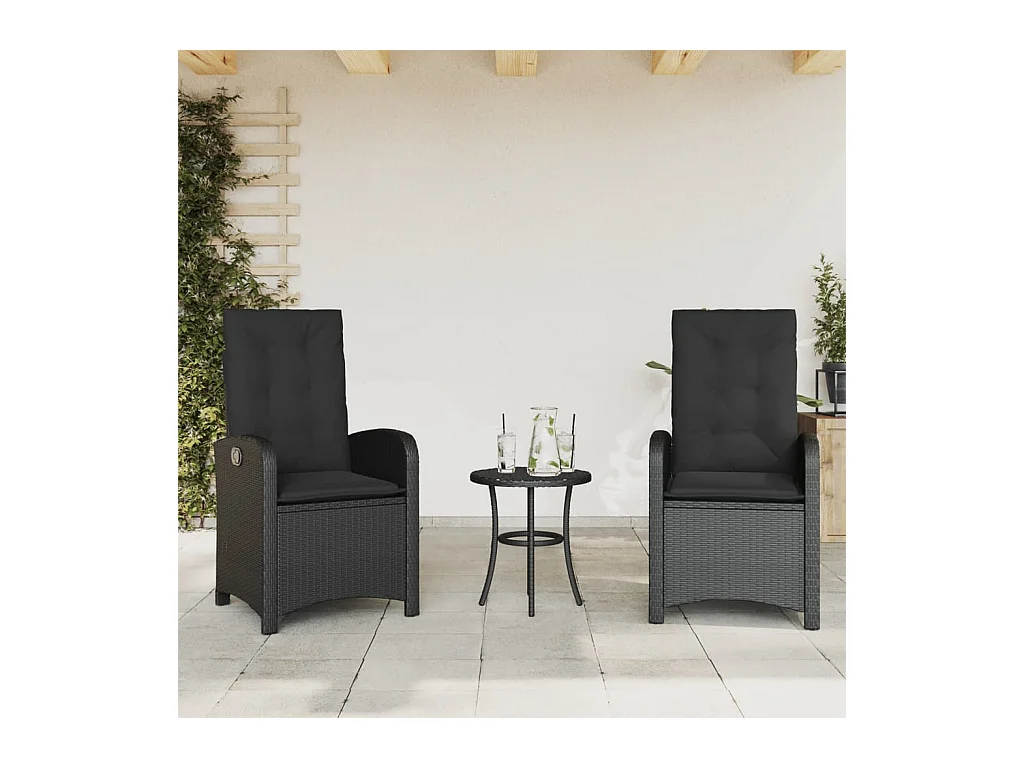 Chaises inclinables de jardin lot de 2 et coussins noir rotin