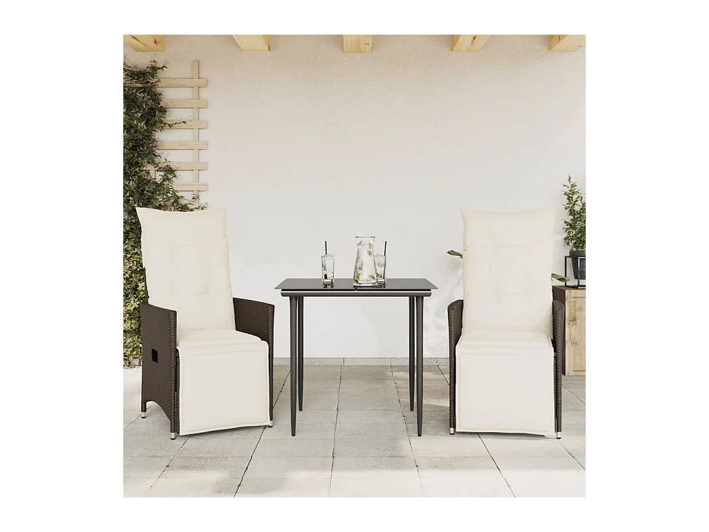 Chaises inclinables de jardin lot de 2 et coussins marron rotin