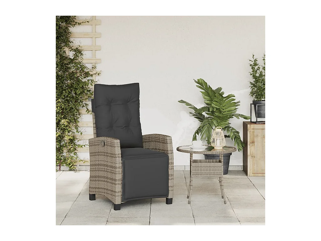 Silla de jardín reclinable y reposapiés en resina tejida gris