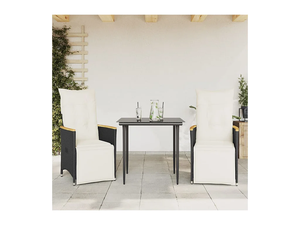 Chaises inclinables de jardin lot de 2 et coussins noir rotin