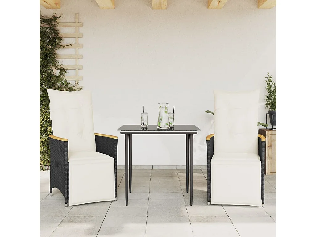 Chaises inclinables de jardin lot de 2 et coussins noir rotin