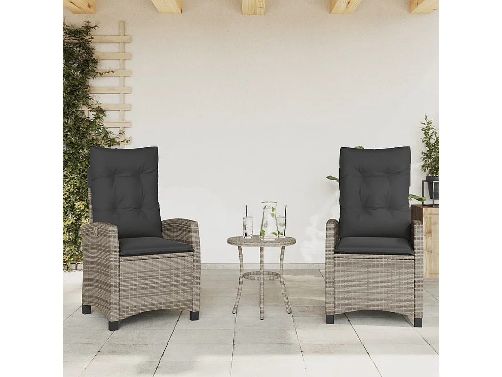 Chaises inclinables de jardin lot de 2 et coussins gris rotin