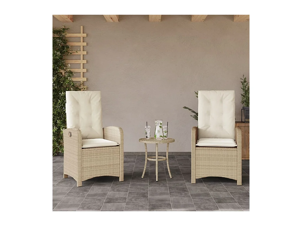 Chaises inclinables de jardin lot de 2 et coussins beige rotin