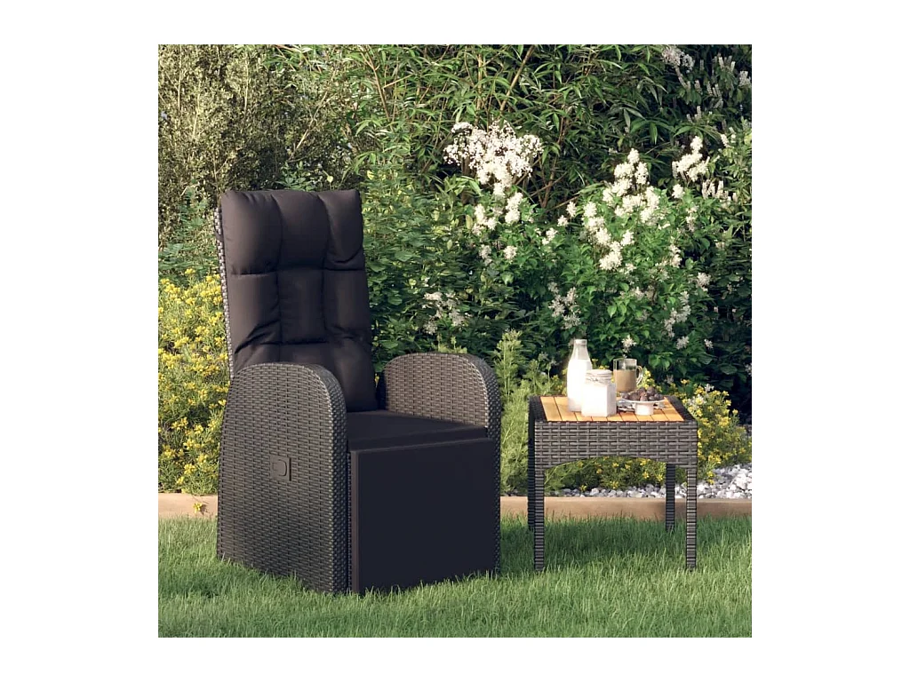 Silla de jardín reclinable y cojín de resina tejida negra