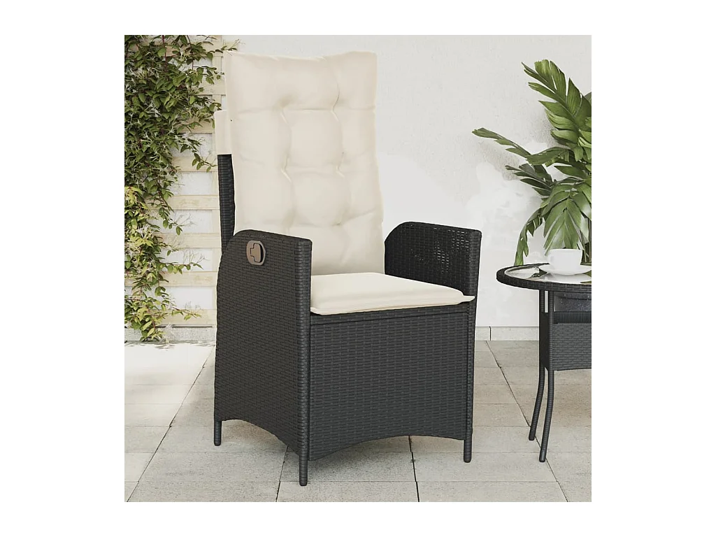 Silla de jardín reclinable con cojines de mimbre de resina negra
