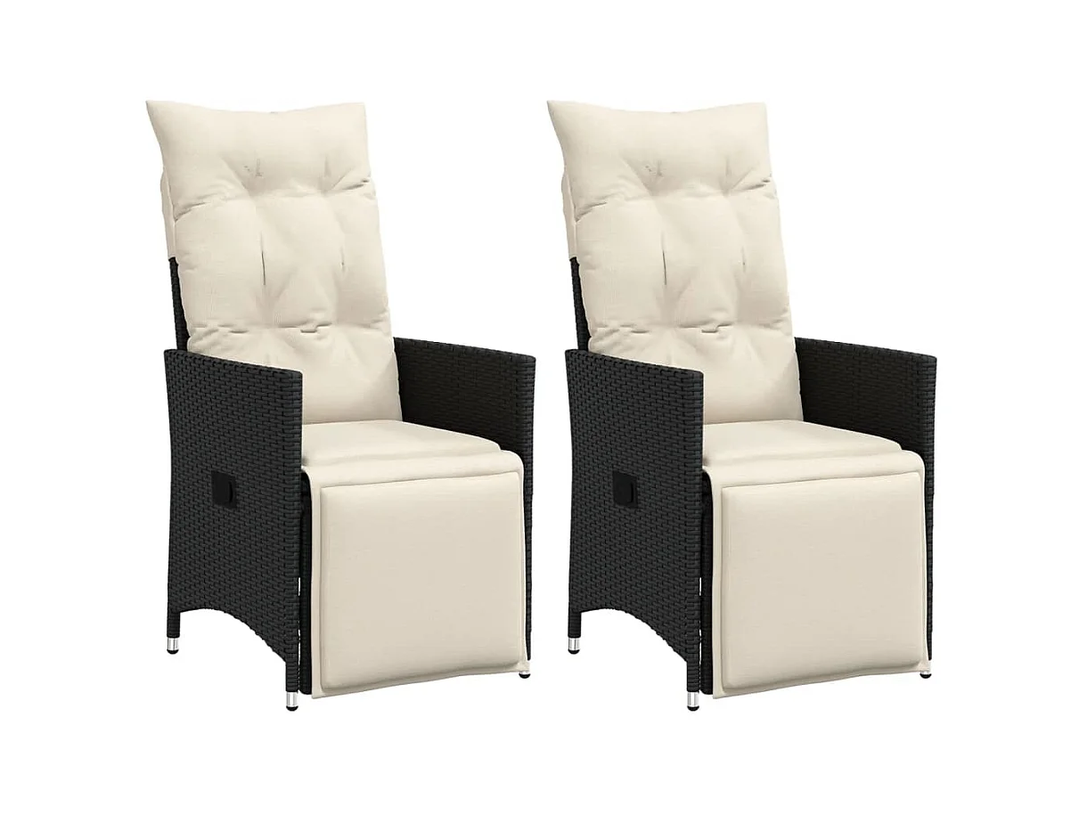 Chaises inclinables de jardin lot de 2 et coussins noir rotin
