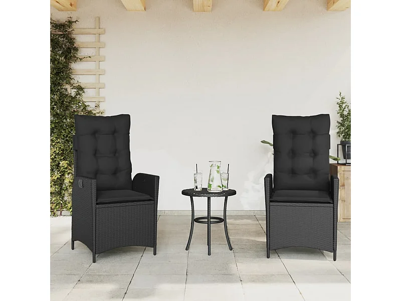 Chaises inclinables de jardin lot de 2 et coussins noir rotin