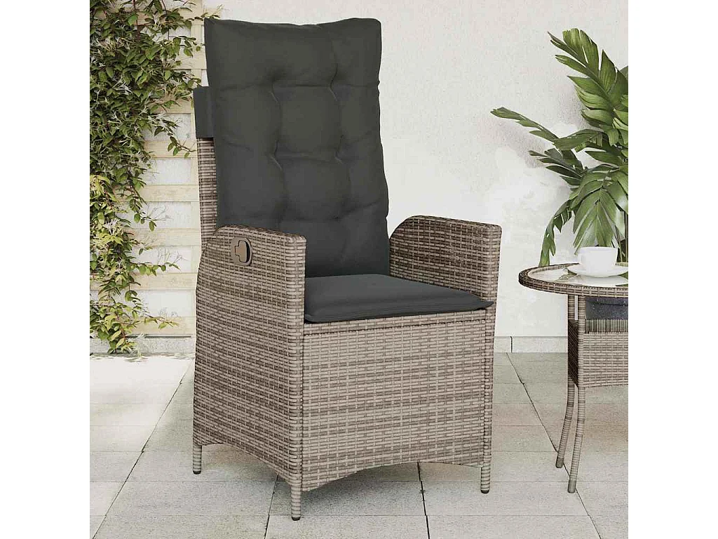 Silla de jardín reclinable con cojines de mimbre de resina gris