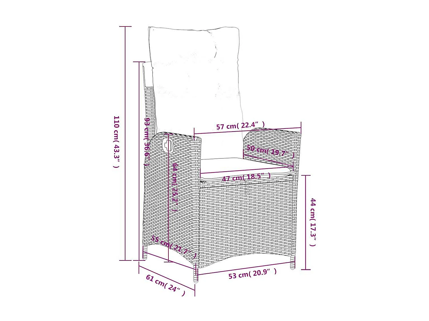 Silla de jardín reclinable con cojines de mimbre de resina gris