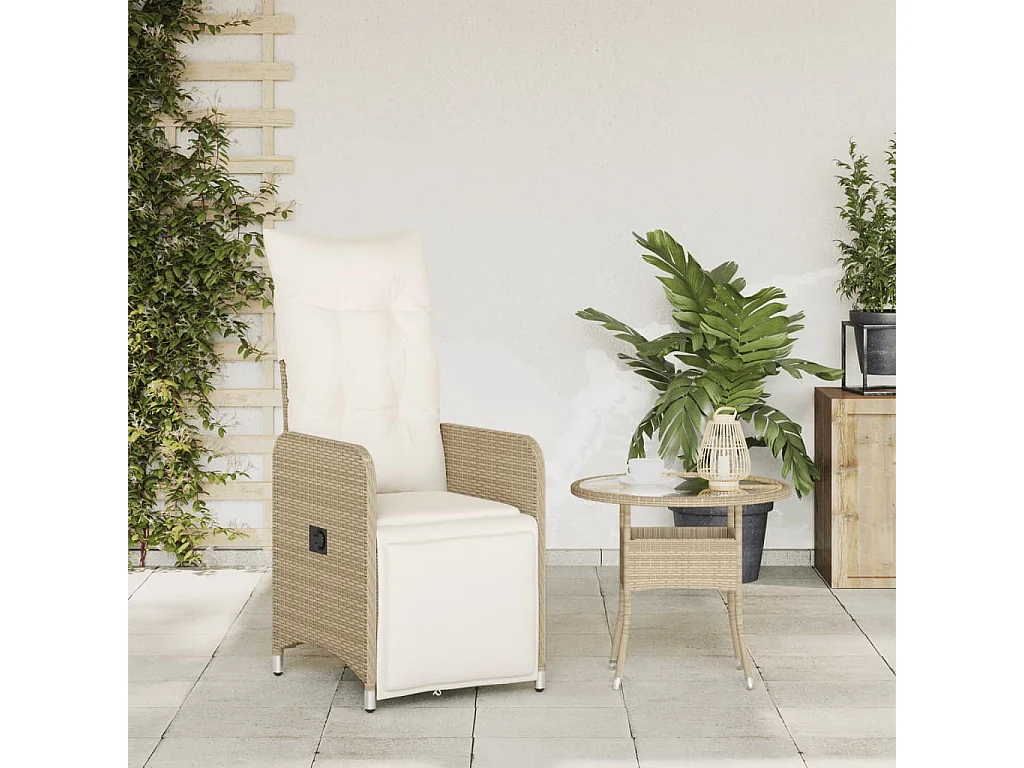 Silla de jardín reclinable con cojines de mimbre de resina beige