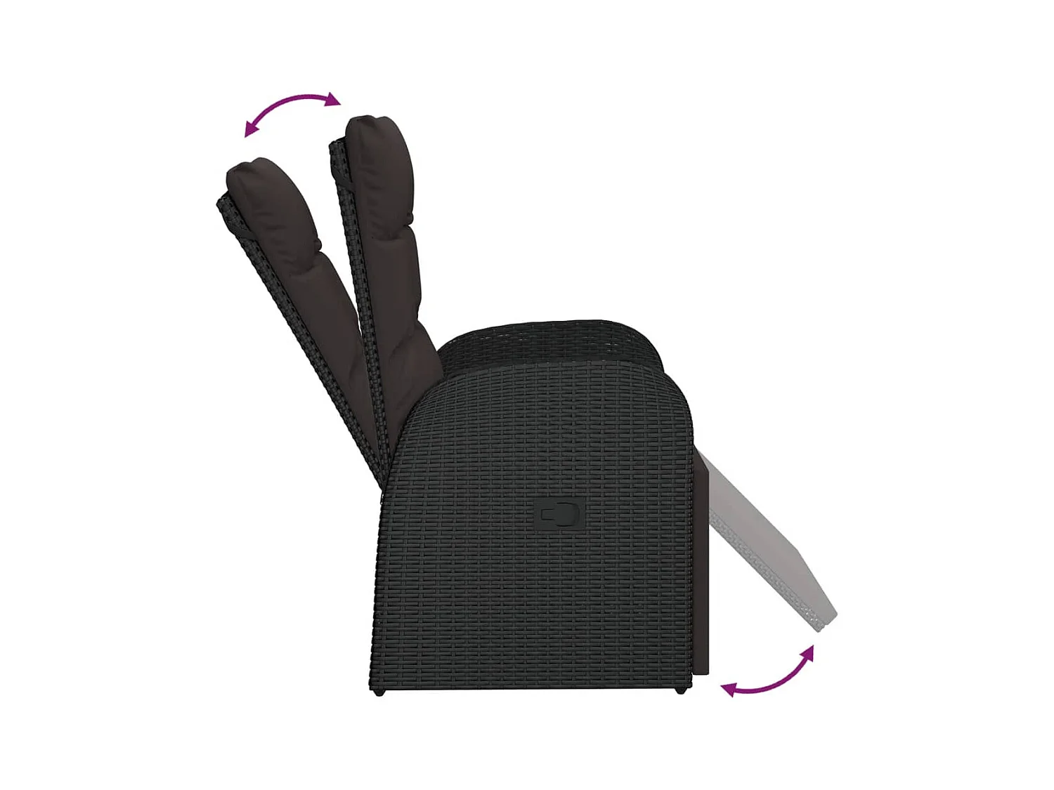 Silla de jardín reclinable con cojines de mimbre de resina negra