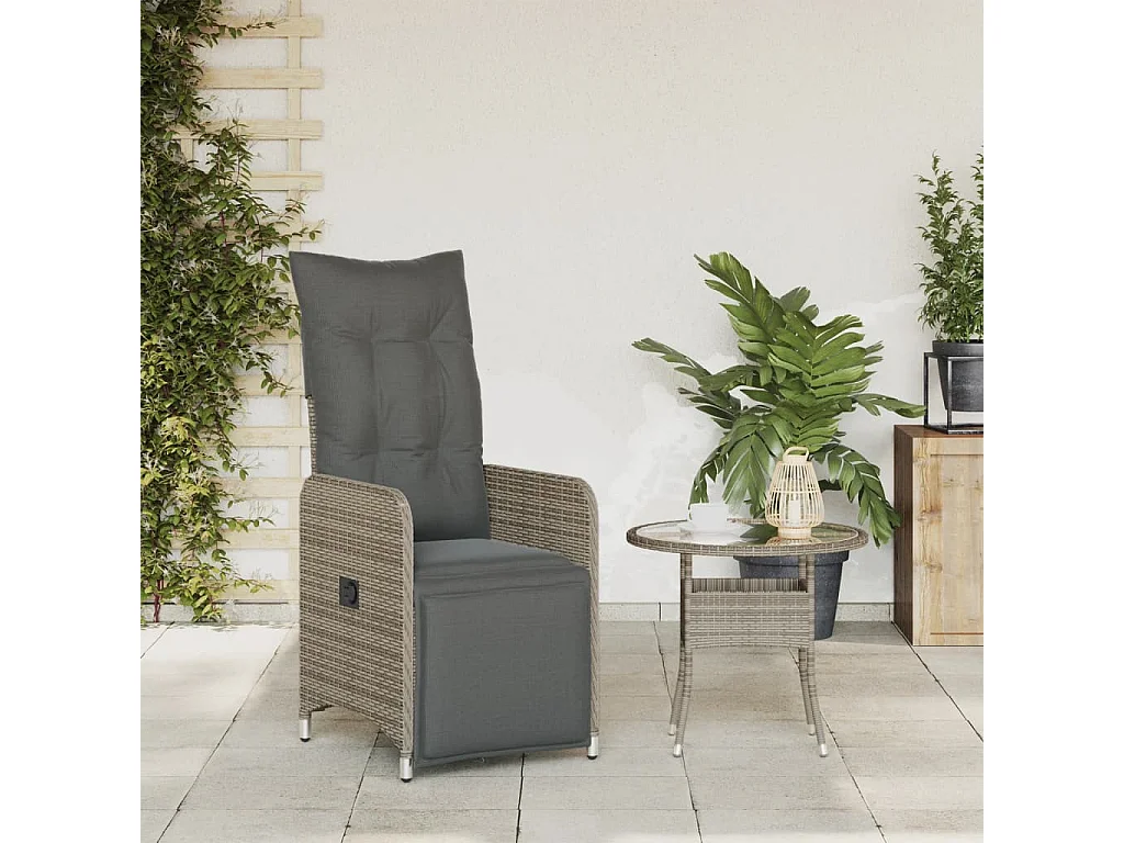 Silla de jardín reclinable con cojines de mimbre de resina gris