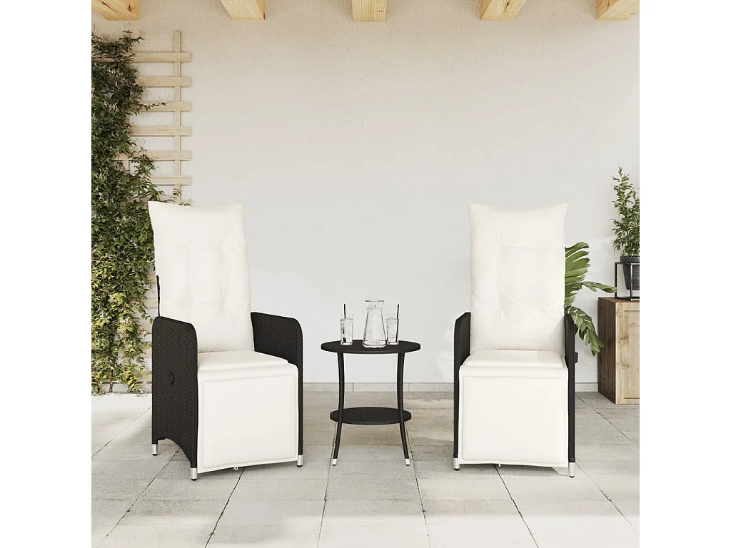 Chaises inclinables de jardin lot de 2 et coussins noir rotin