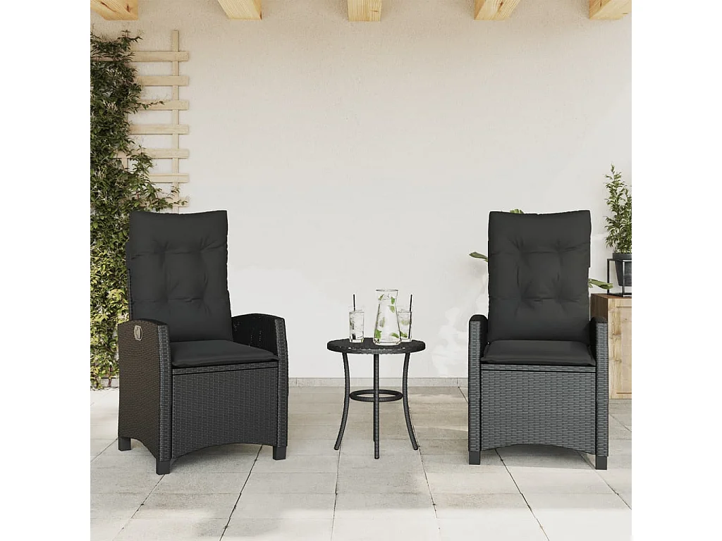 Chaises inclinables de jardin lot de 2 et coussins noir rotin