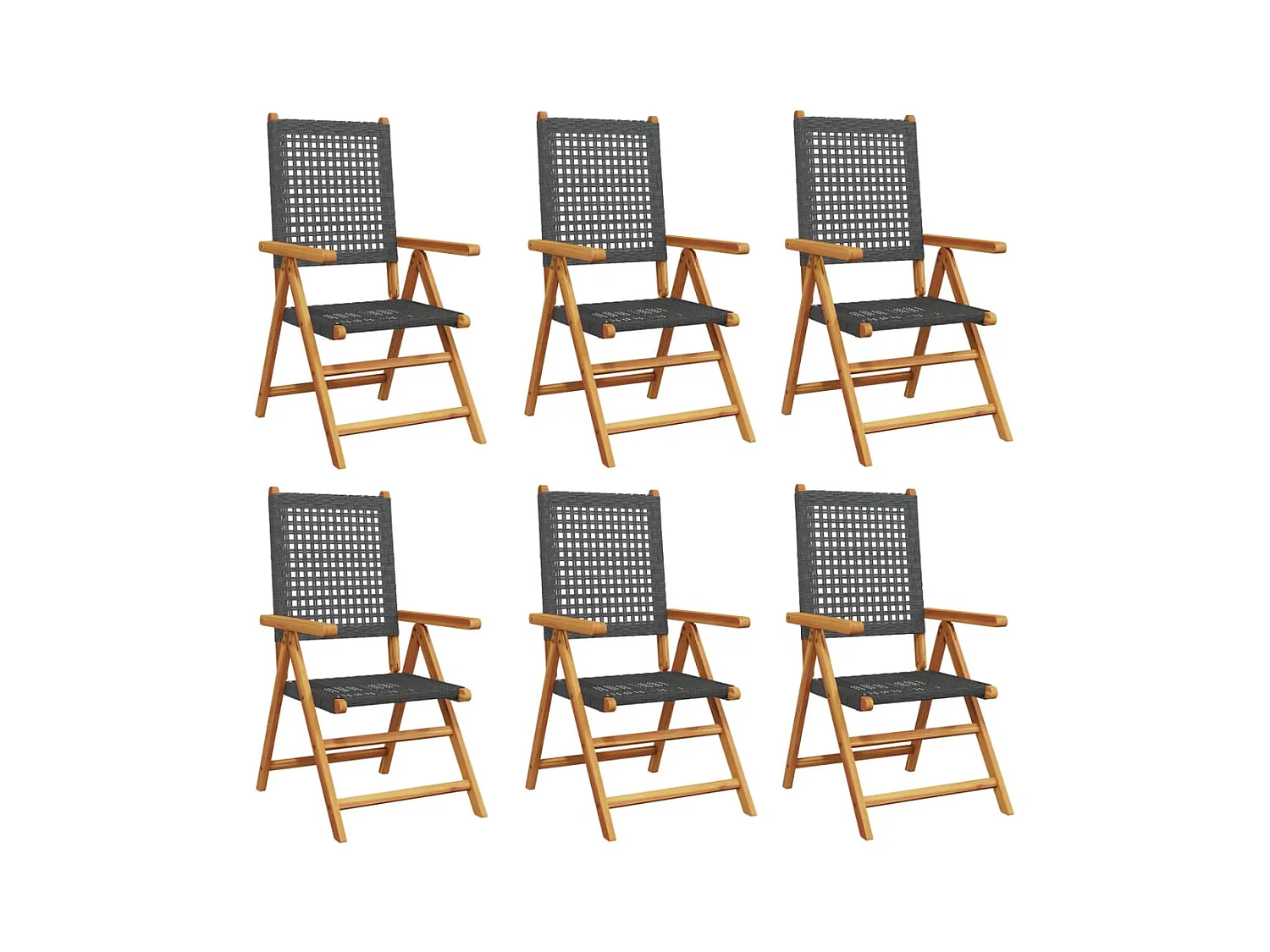 Set van 6 verstelbare tuinstoelen, zwart, massief rotanhout