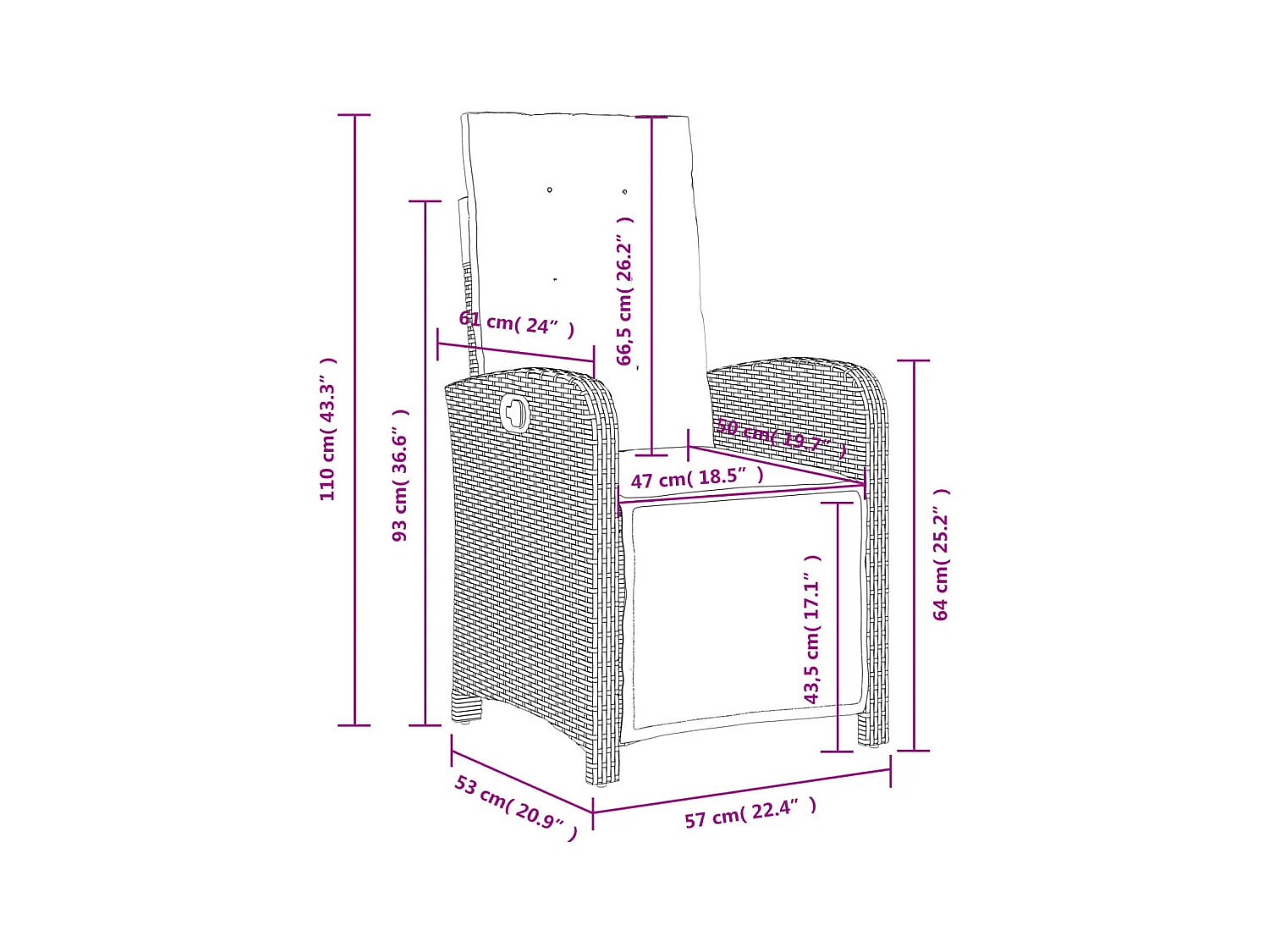 Liggende tuinstoel met voetenbankje van bruin riethars