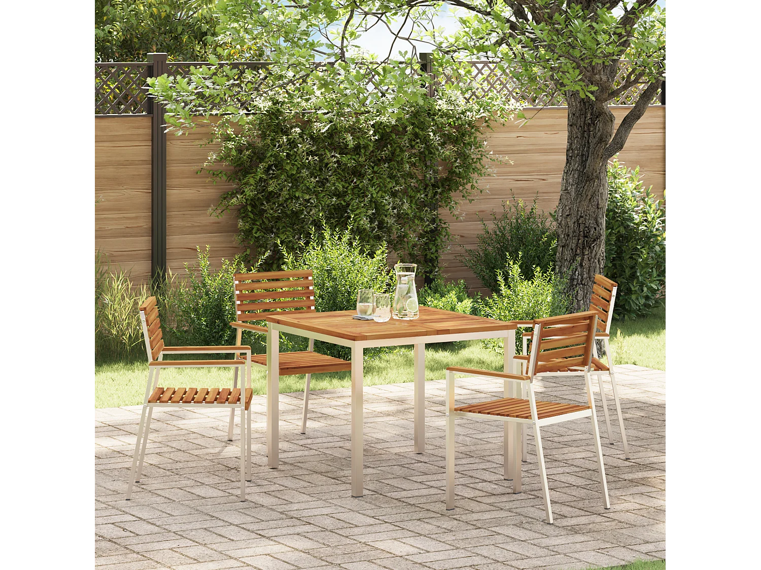 4-delige stapelbare tuinstoelen van acaciahout en roestvrij staal