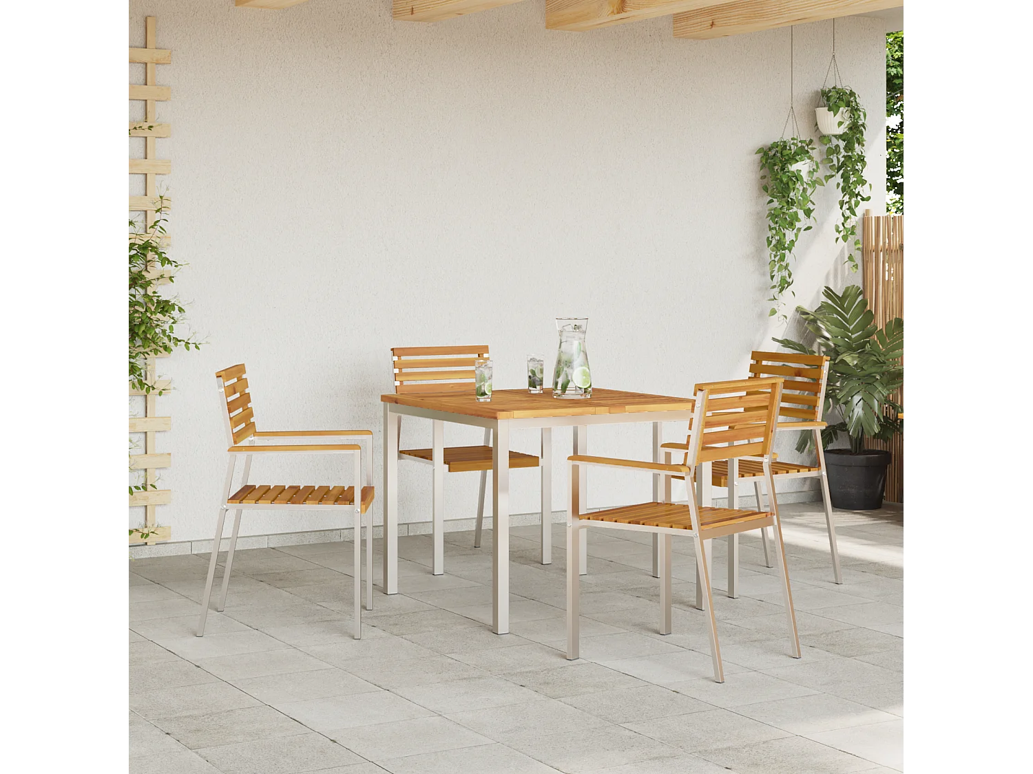 4-delige stapelbare tuinstoelen van acaciahout en roestvrij staal