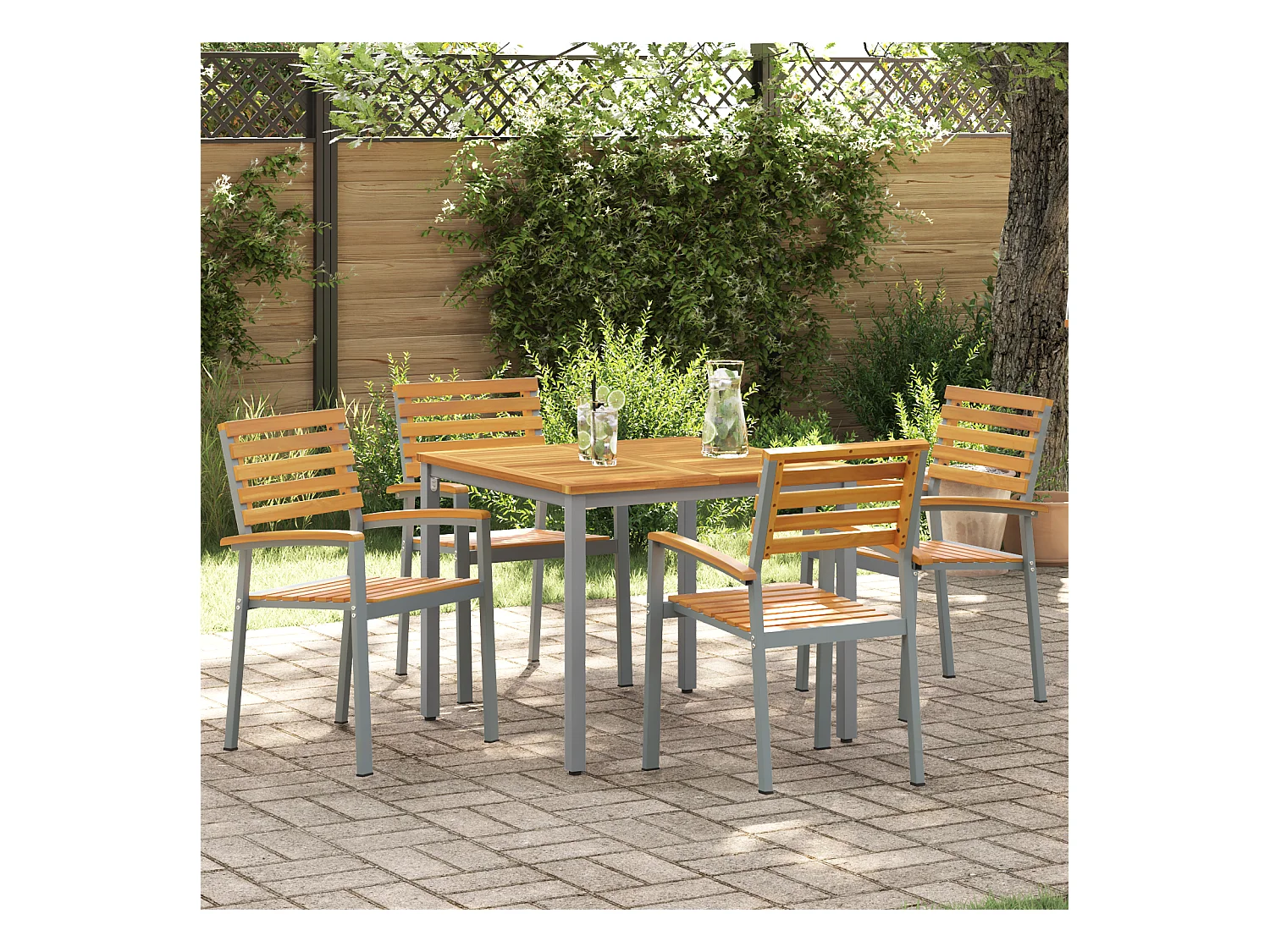 Set van 4 tuinstoelen in grijs acaciahout en staal