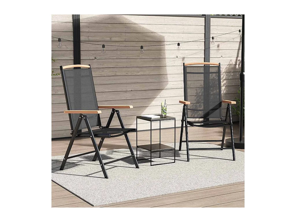 Juego de 2 sillas de jardín plegables de aluminio y textilene negro
