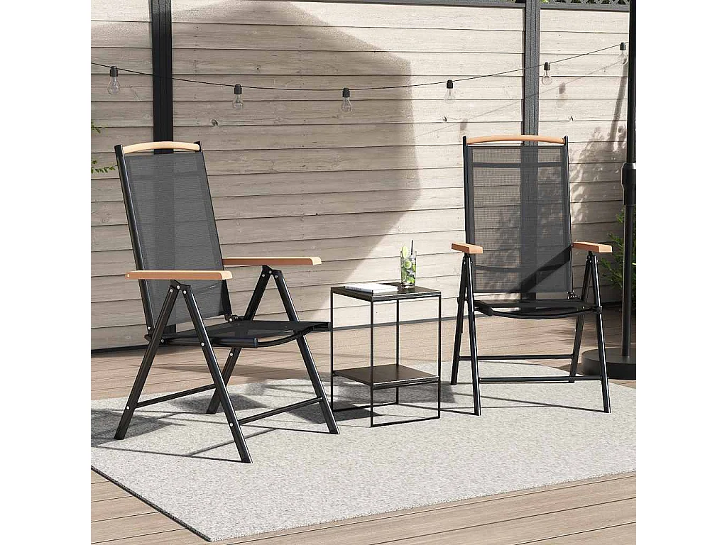 Juego de 2 sillas de jardín plegables de aluminio y textilene negro