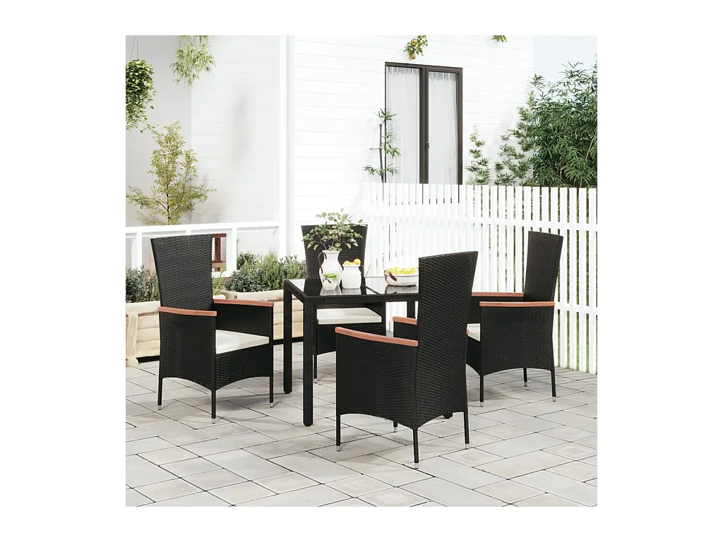 Chaises de jardin lot de 4 avec coussins Résine tressée Noir