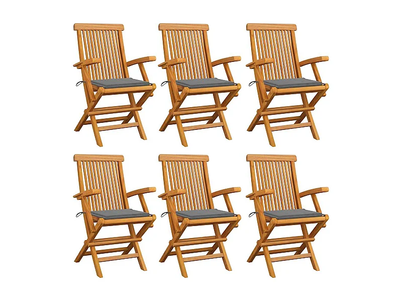 Gartenstühle mit grauen Kissen 6er Set Massivholz Teak