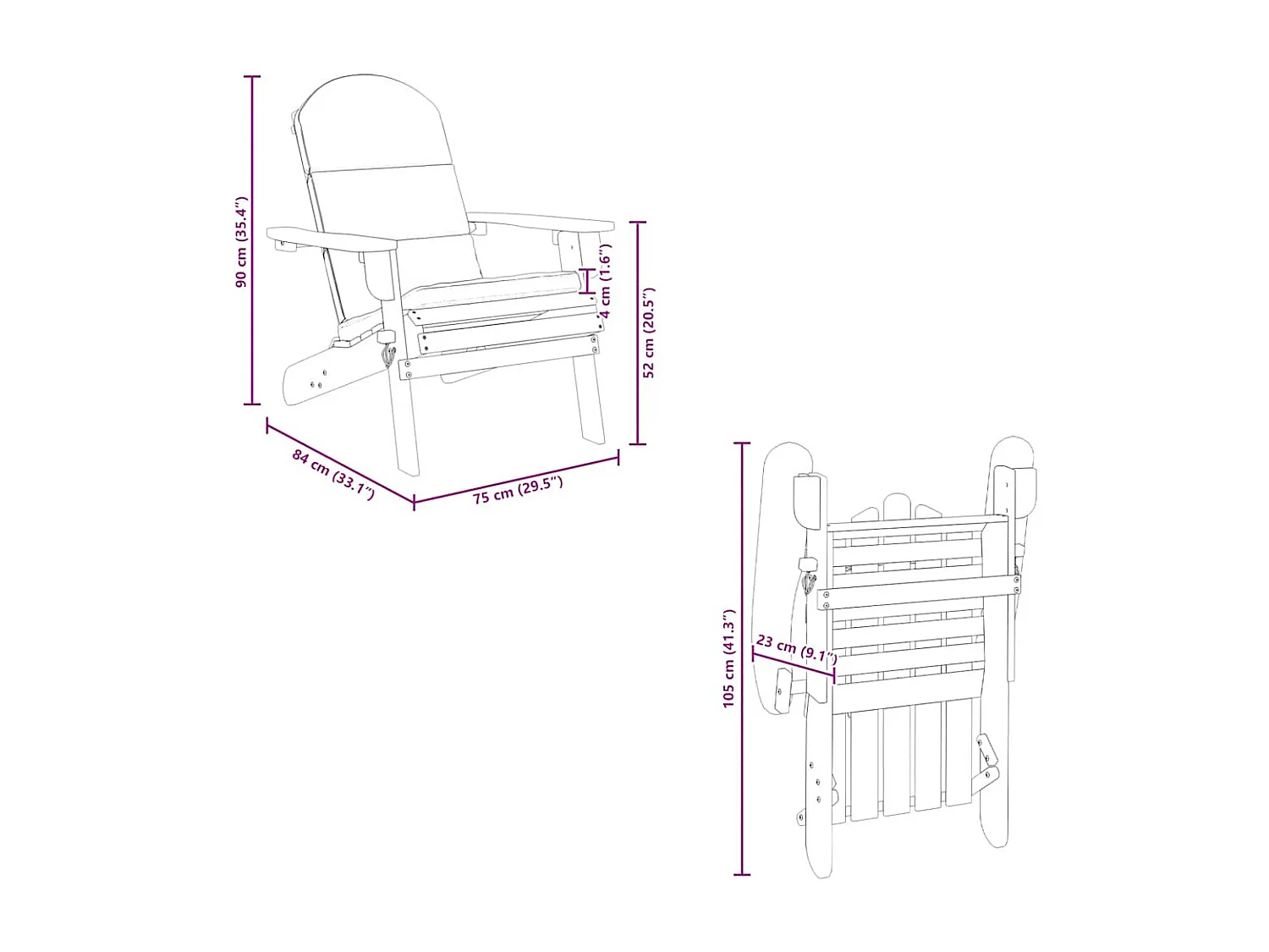 Silla de jardín Adirondack con cojines de madera maciza de acacia